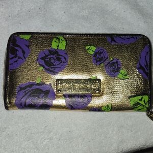 Betsey Johnson Gold Wallet with Purple Floral Design